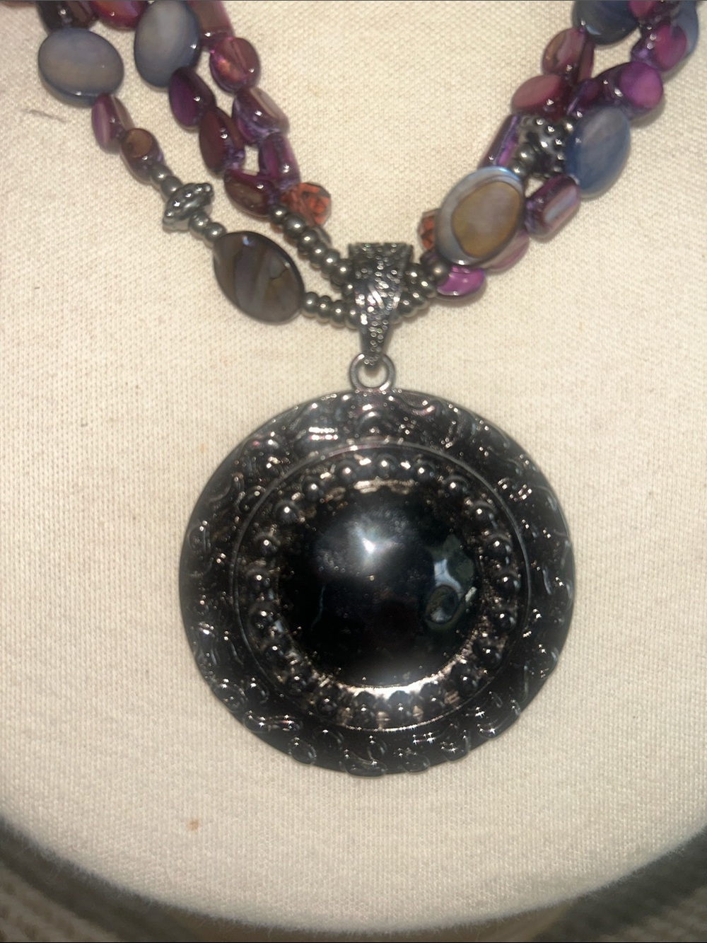 Purple Beaded Multi-Strand💜Necklace w/Extender💜Deep Silver-Gray Pendant